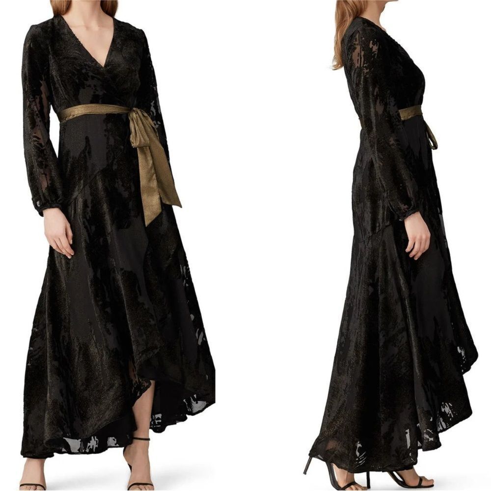 HUTCH | Velvet Black Metallic Gold Celine Wrap Maxi Dress Women’s Size Small